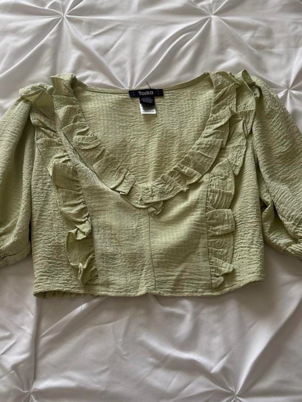 Toska Pale Green Ruffle V-Neck Cropped Blouse